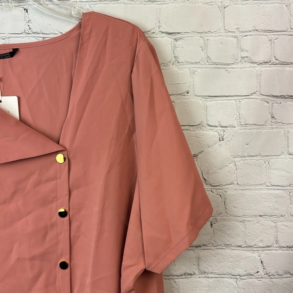 BloomChic Pink Asymmetrical Collar Button Detail Blouse Plus Size 3X - Picture 3 of 6